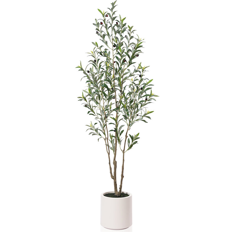 Primrue Adcock Faux Olive Tree in White Planter, Lifelike Fake Olive